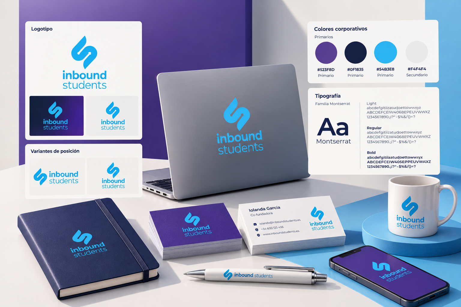 Presentación de la identidad de Inbound Students: logotipo, manual de marca, paleta de colores, papelería, ordenador y aplicaciones con la marca.