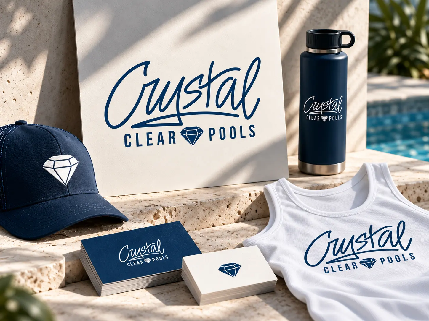 Presentación de la identidad de Crystal Clear Pools: logotipo caligráfico en azul, gorra, botella, camiseta y tarjetas junto a una piscina.