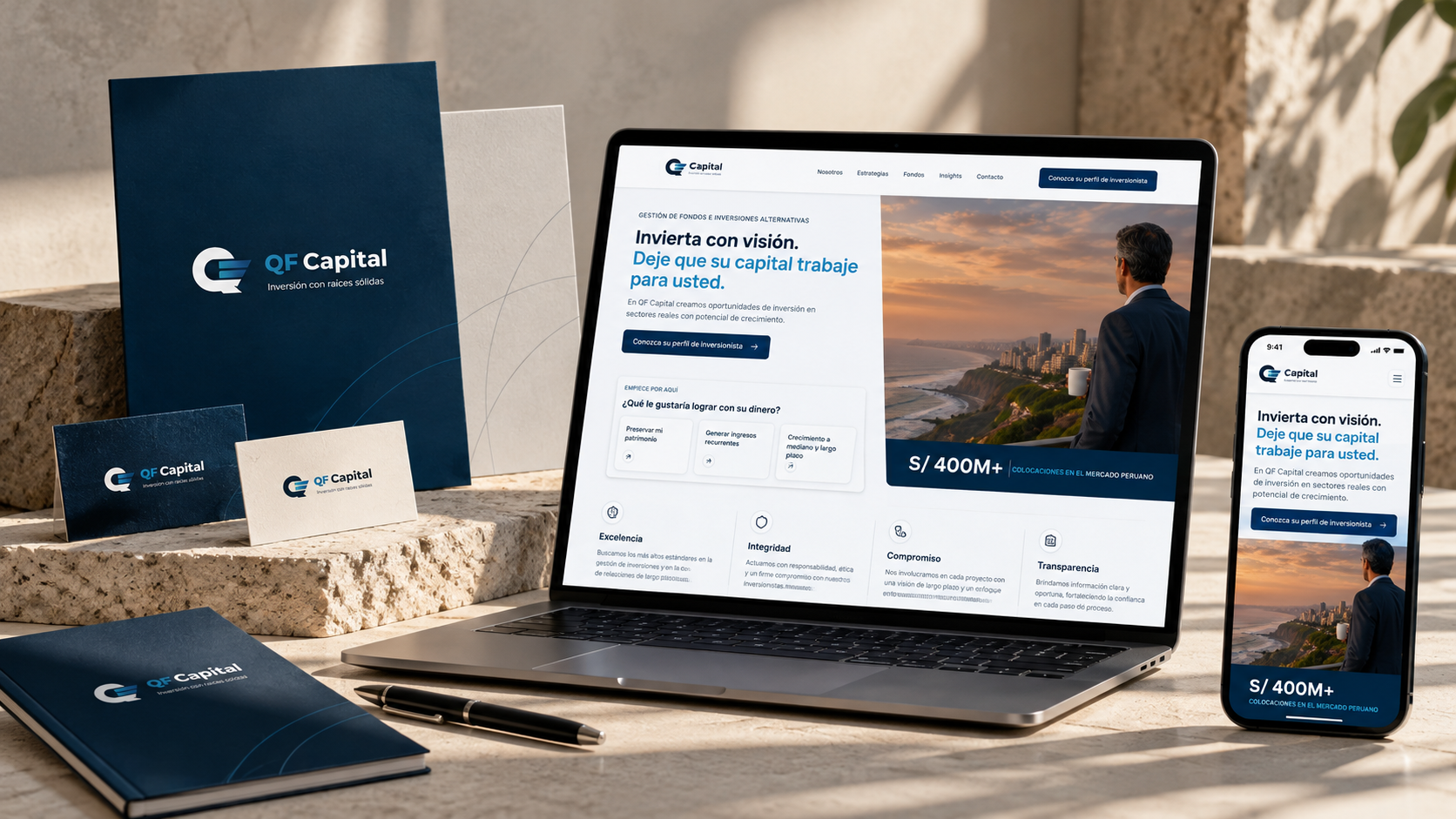 Identidad original de QF Capital: sitio web, versión móvil y papelería sobre piedra