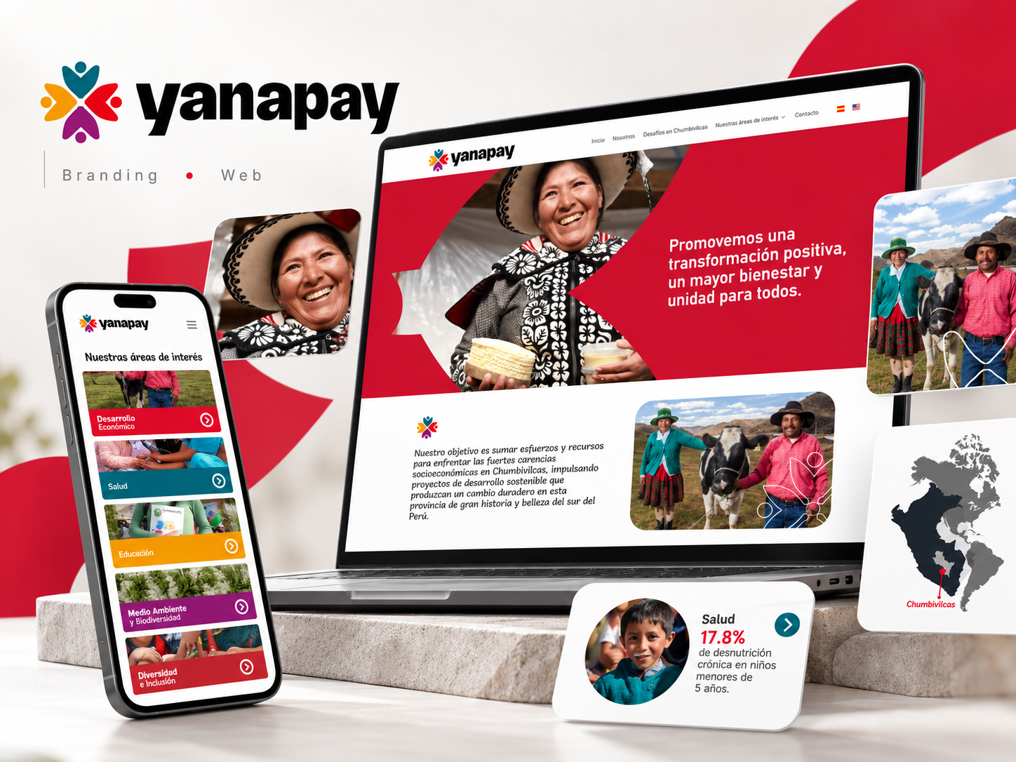 Mockup de la web de Yanapay en ordenador y móvil, con su logotipo y secciones sobre desarrollo sostenible en Chumbivilcas.