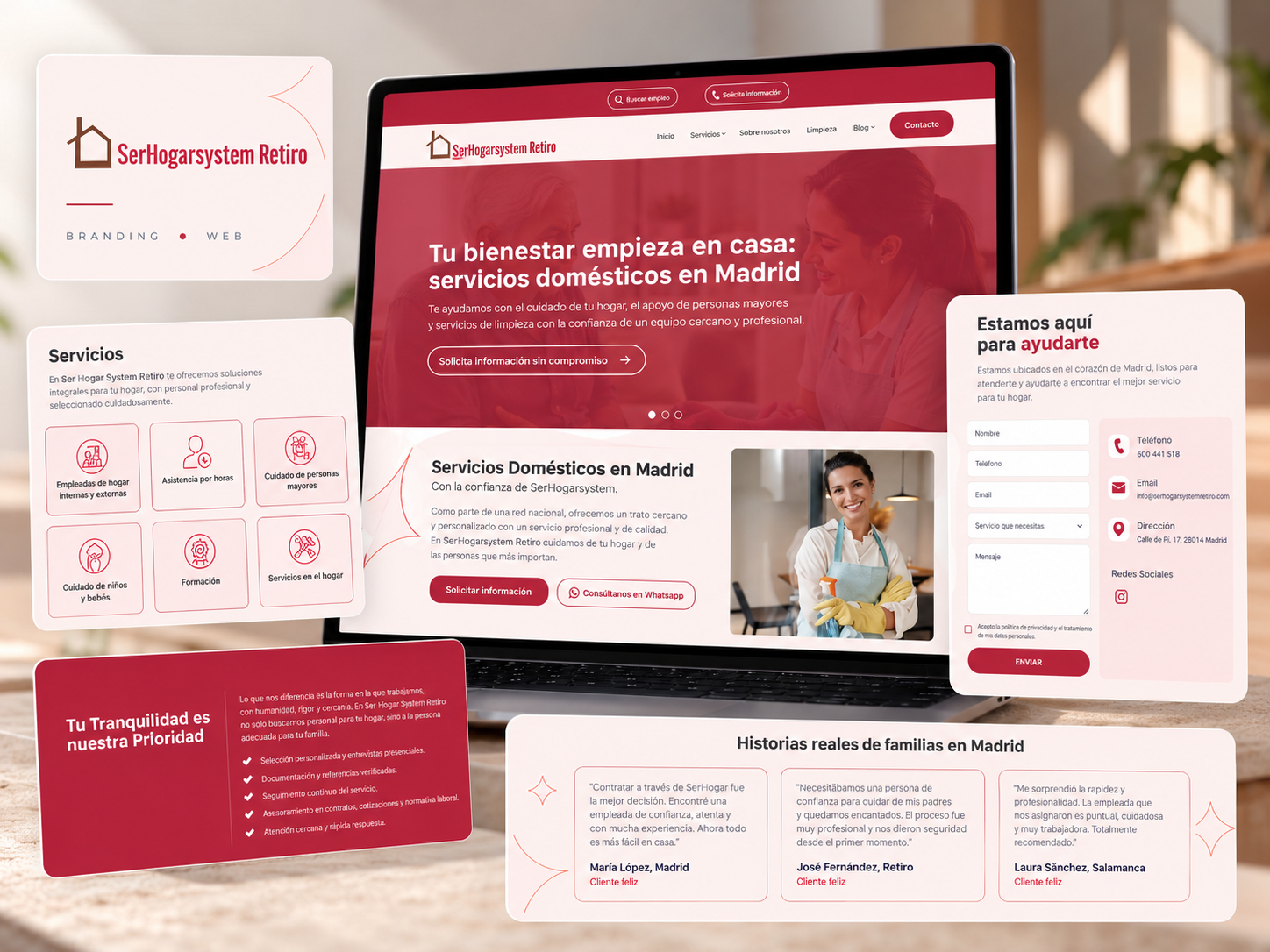 Mockup de la web de SerHogar System Retiro sobre un portátil, con sus páginas de servicios domésticos en Madrid y formulario de contacto.