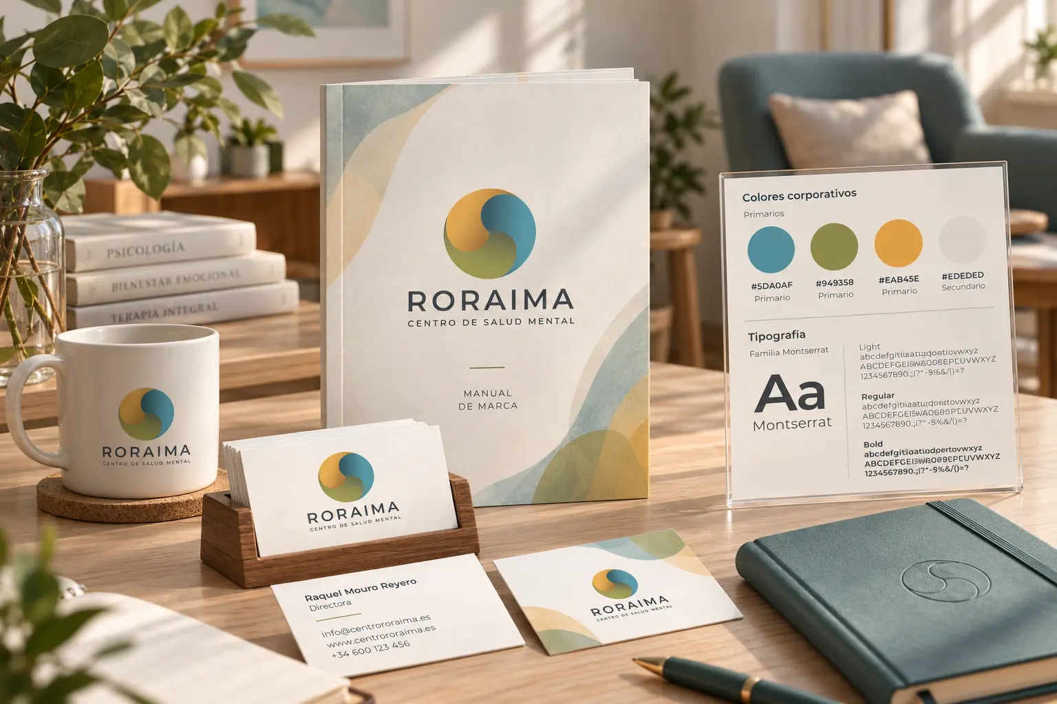 Presentación de la identidad de Roraima: manual de marca, taza, tarjetas de visita y paleta de colores corporativos sobre una mesa de madera.
