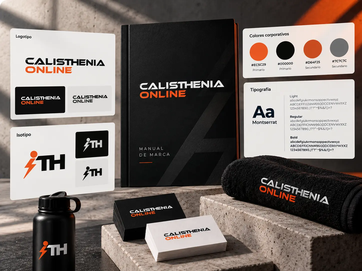Presentación de la identidad de Calisthenia Online: manual de marca negro, logotipo e isotipo, tarjetas, botella y toalla con la marca en naranja.