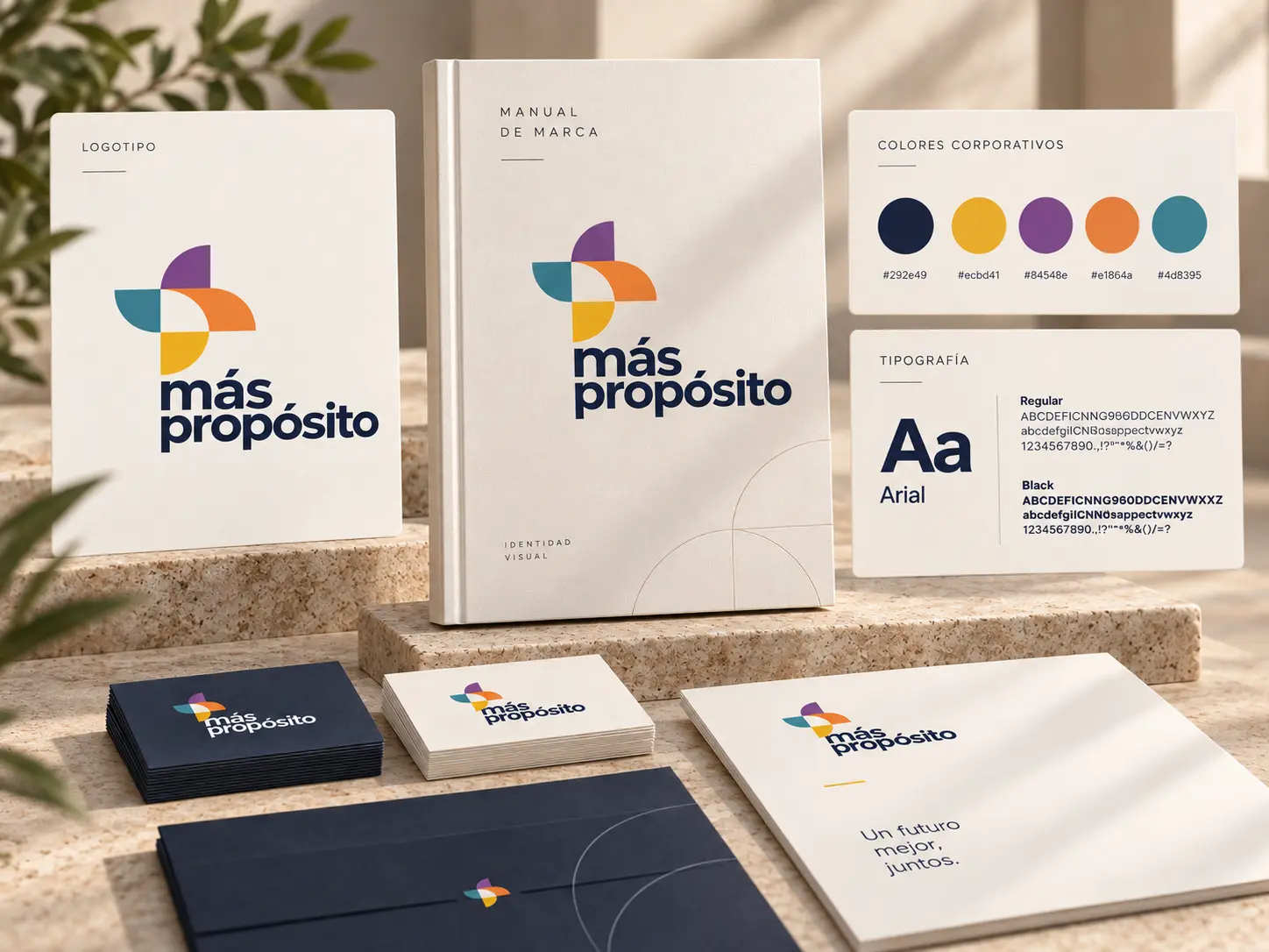 Presentación de la identidad de Más Propósito: manual de marca, logotipo, paleta de colores, papelería y tarjetas sobre una superficie clara.