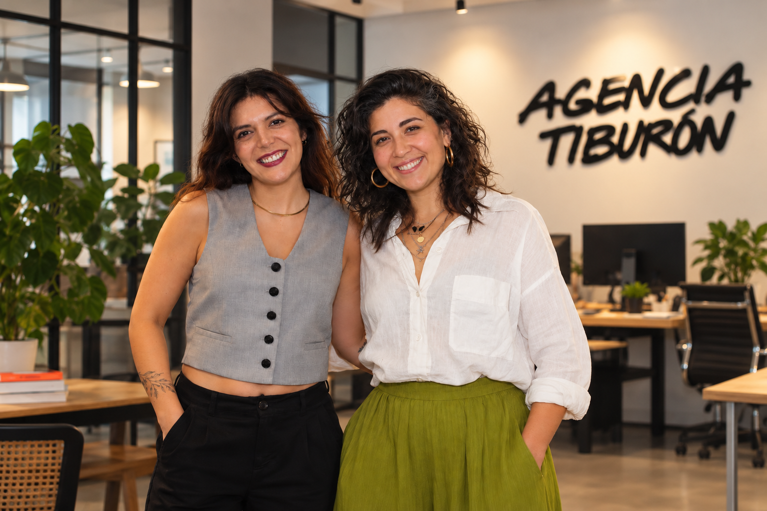 Sandra Vásquez y Daniela Puntriano, fundadoras de Agencia Tiburón, de pie en la oficina de la agencia frente al rótulo con el nombre.