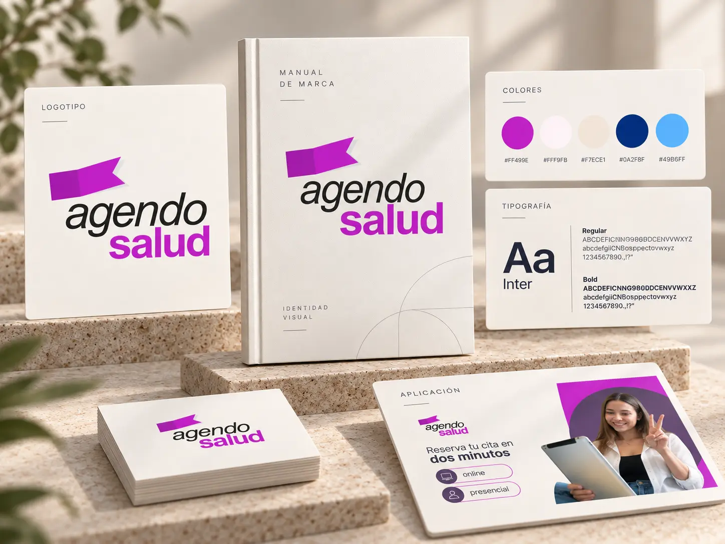 Presentación de la identidad de Agendo Salud: logotipo, manual de marca, paleta de colores, tipografía y aplicación con la promesa de reservar citas en dos minutos.