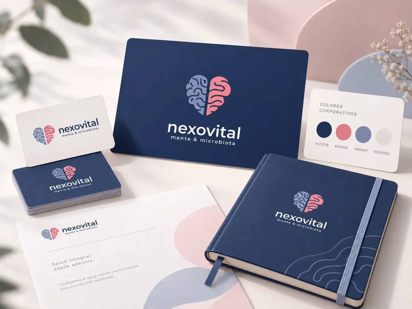 Presentación de la identidad de Nexo Vital: dossier azul con el isotipo de cerebro y corazón, tarjetas, carta y libreta corporativa.