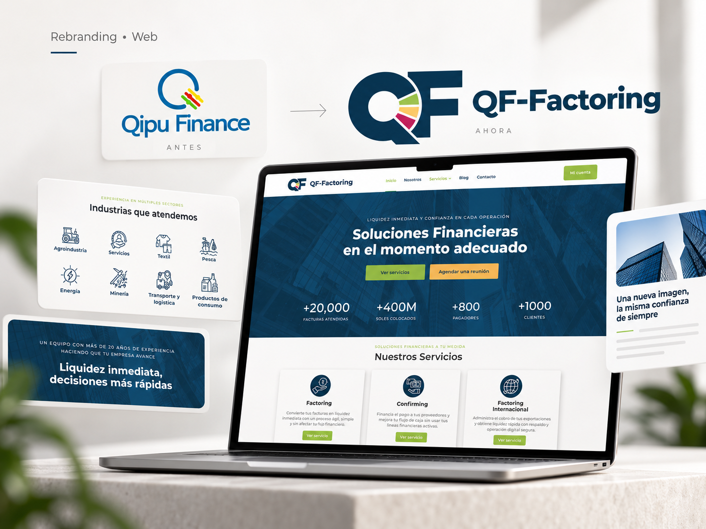 Mockup de la web de QF-Factoring sobre un portátil, con el rebranding de Qipu Finance