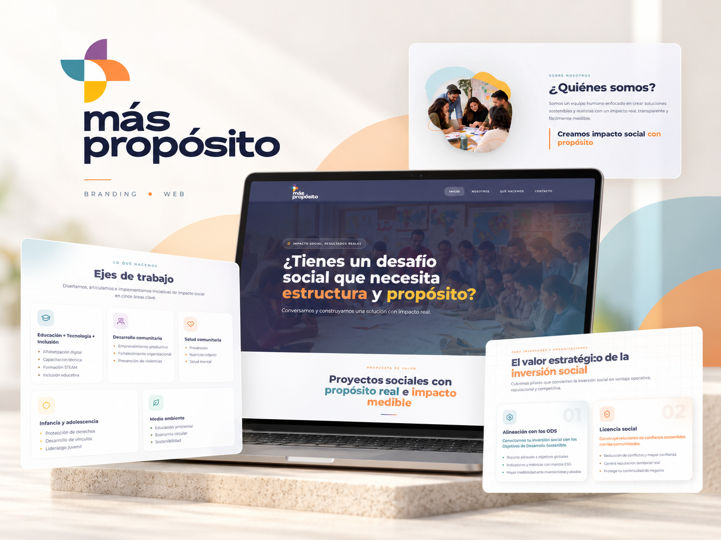 Mockup de la web de Más Propósito sobre un portátil, con sus ejes de trabajo